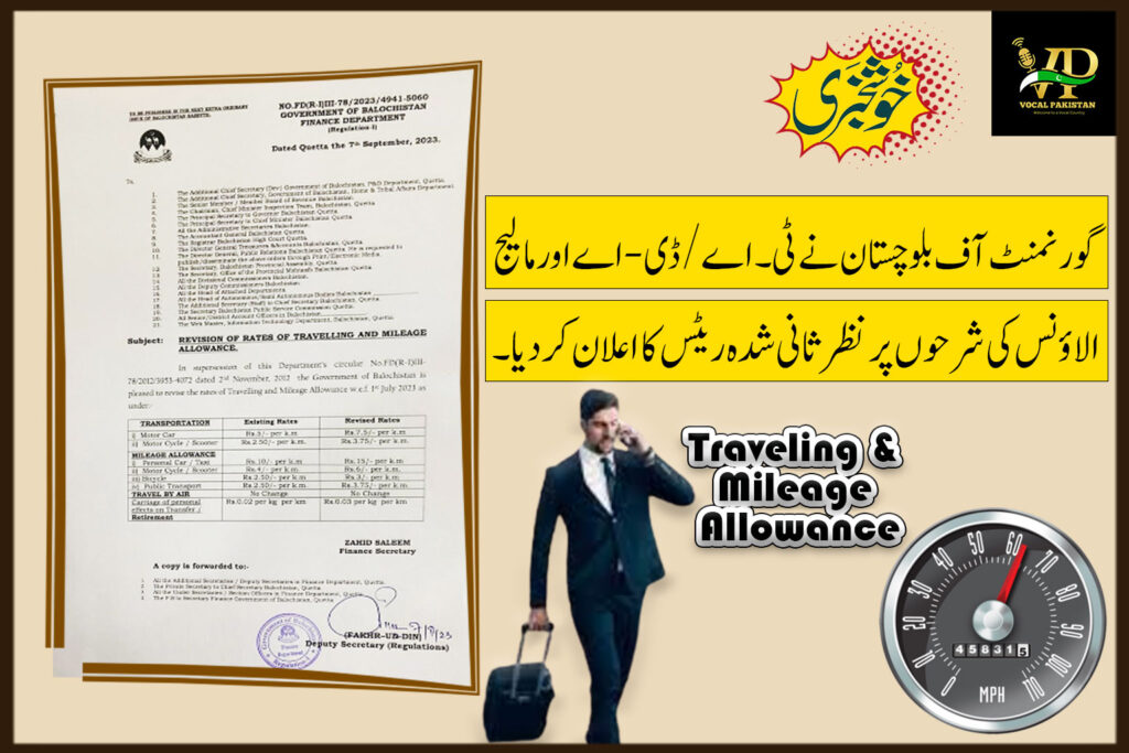 Revise Rates of Traveling & Mileage Allowance Balochistan