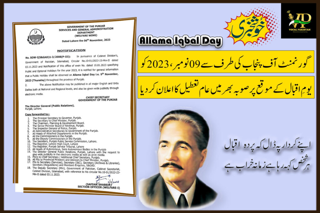 The Punjab Government On Friday 9th November 2023 Officially Declared A Public Holiday To Commemorate Iqbal Day